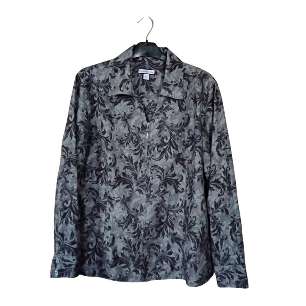 Croft & Barrow Womens Large Grey Black Damask Zip Front Blouse Long Sleeve